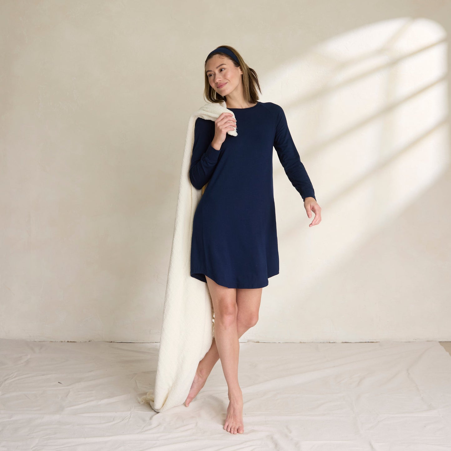 Women wearing long sleeve nightie in  navy bamboo fabric