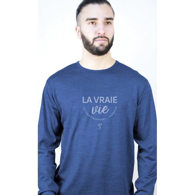 Chandail de mérinos bleu pour homme "La vraie vie"